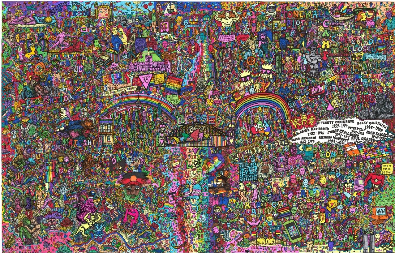 A large-scale hand-drawn pen drawing, featuring bright colours and fine details, depicting key moments in the history of Sydney’s queer community. It moves visually through history in a clockwise motion, from Indigenous origins to present day, making seen a history that has been often unseen, celebrating and memorialising that history.