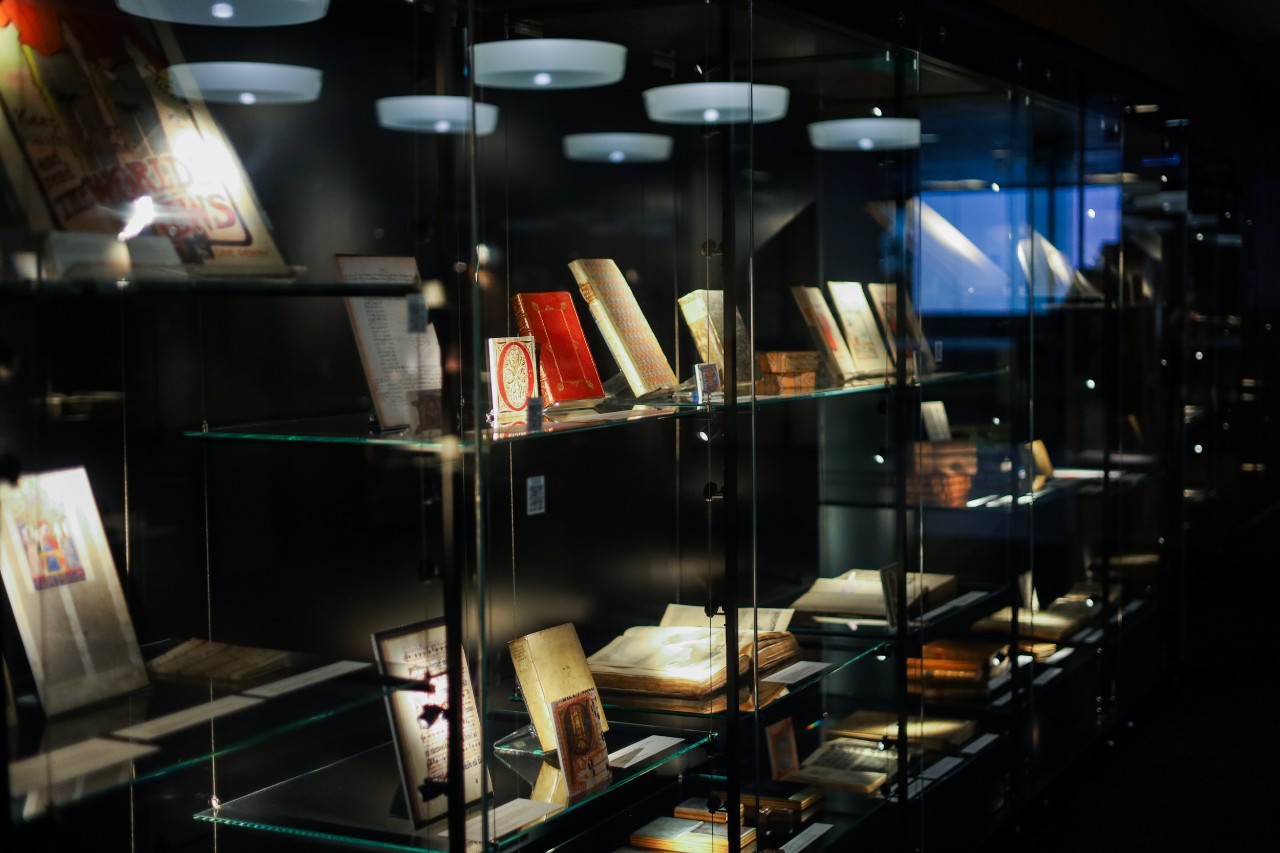 Display of books in glass cabinets