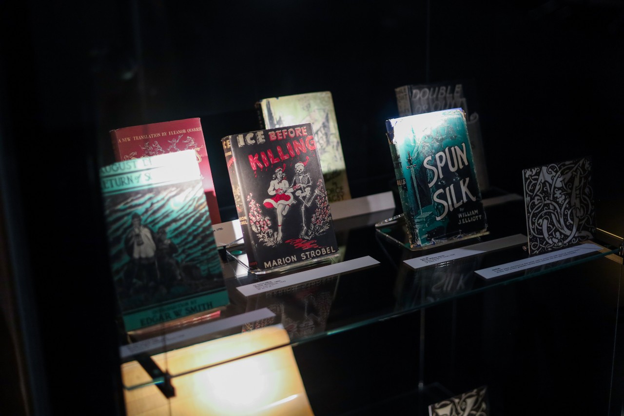 A range of books with illustrated covers on display in a glass cabinet