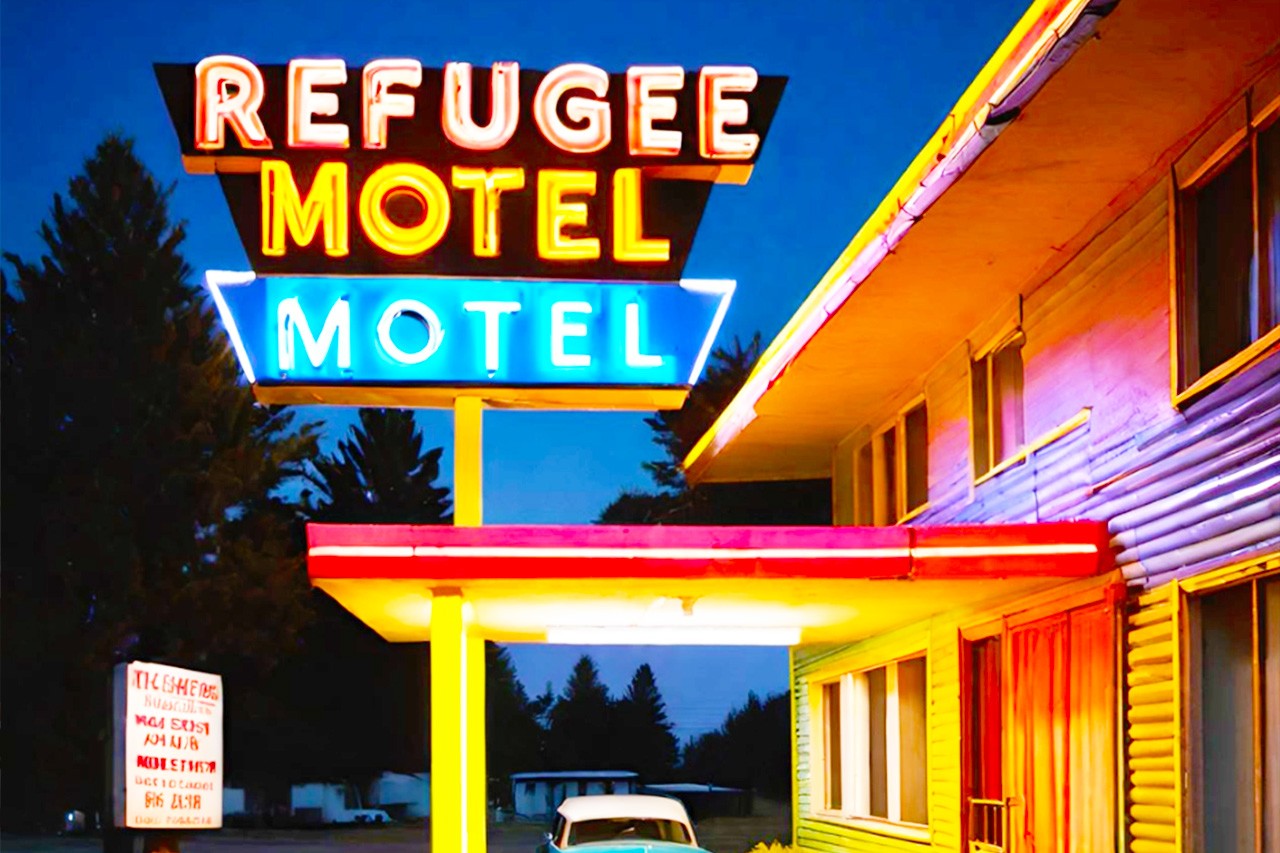 an AI generated image of a neon hotel sign with the words Refugee Motel