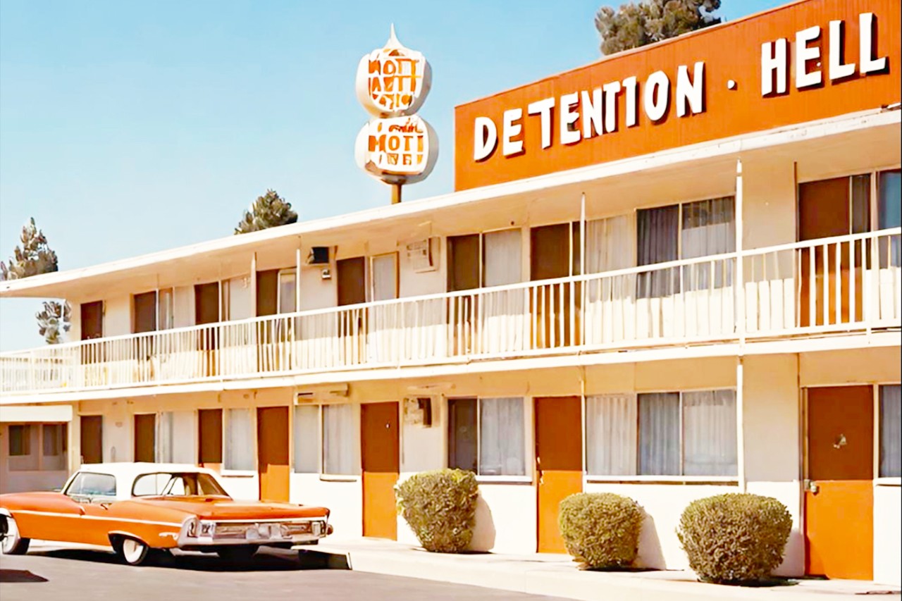 an AI generated image of a retro orange themed hotel with the words detention and hell