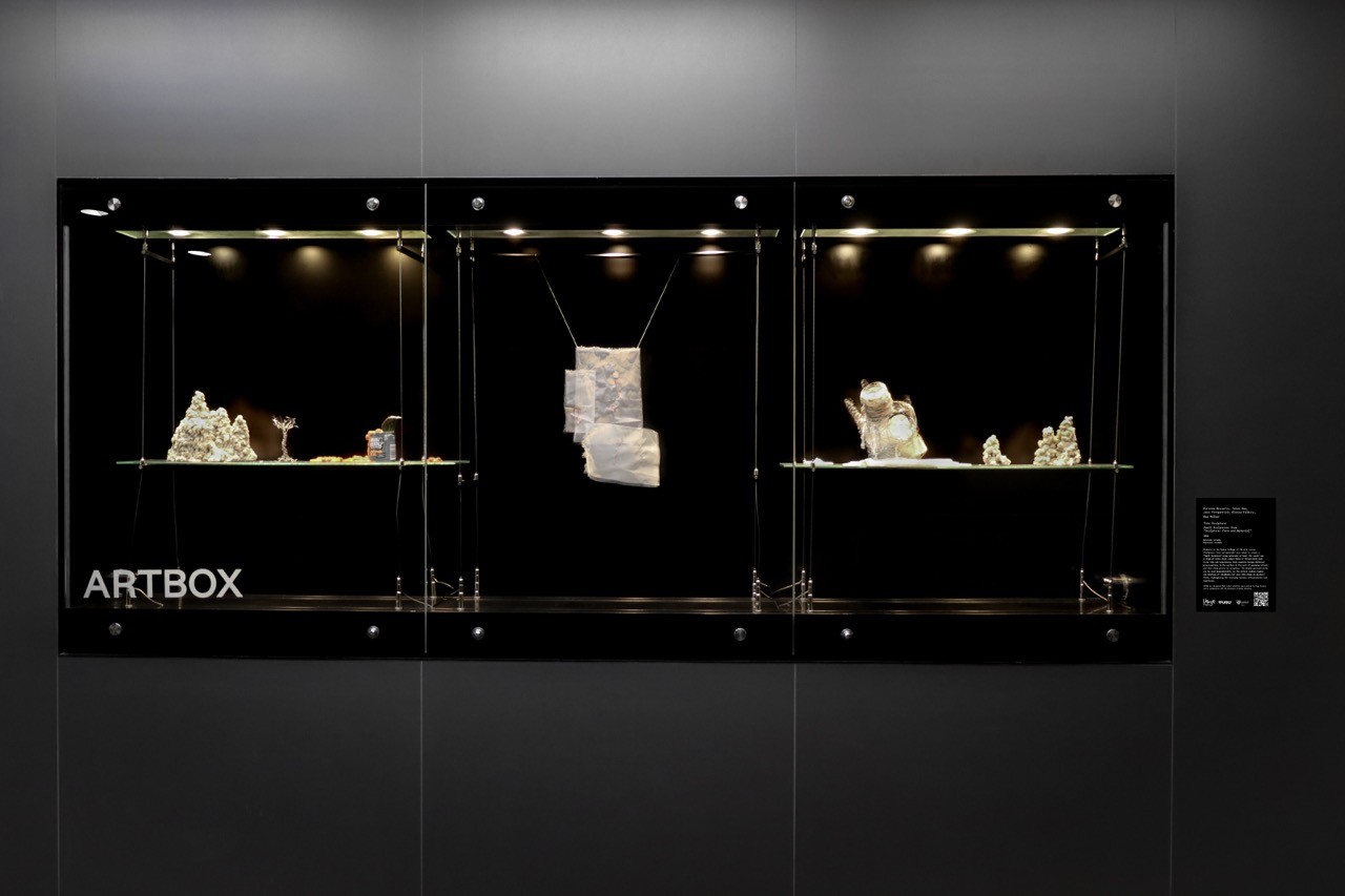 Wide shot of the ARTBOX display case featuring a variety of artworks