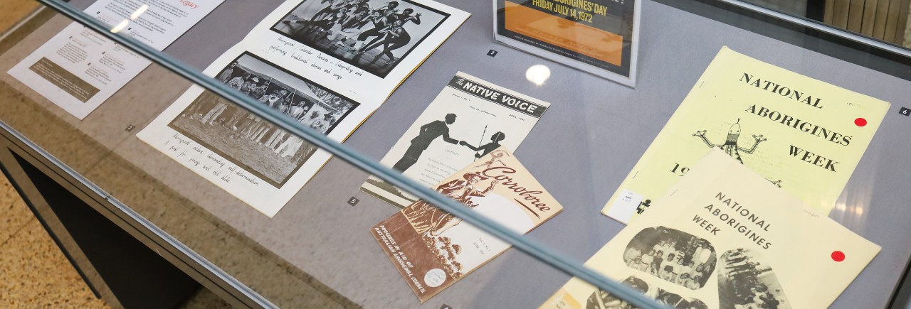 Display cabinets in Fisher Library foyer