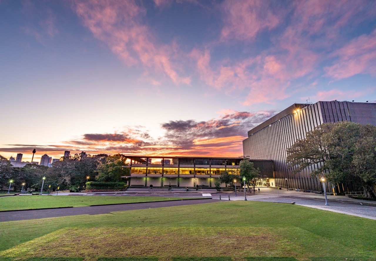 Fisher Library at sunrise
