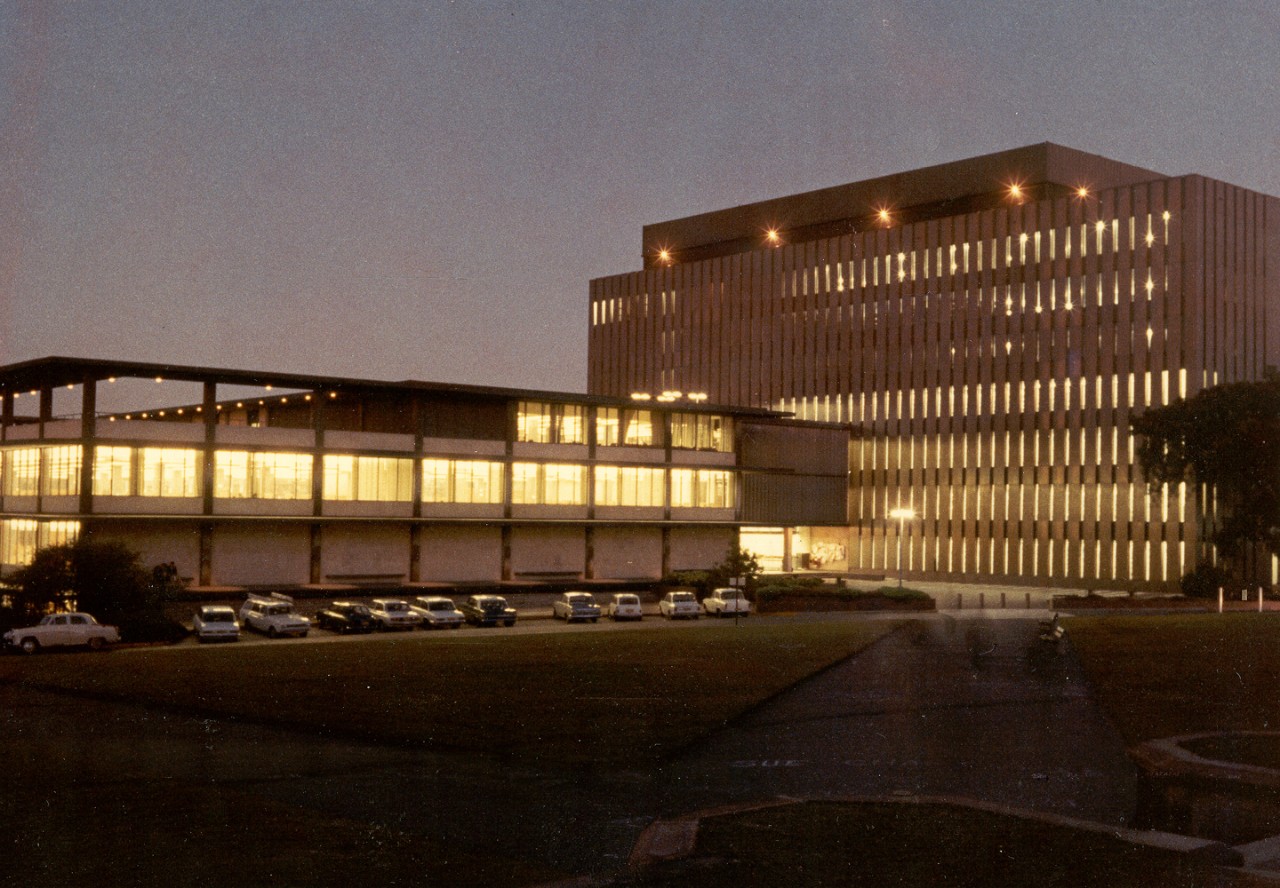 Fisher Library at night, 1972, Library Collection.