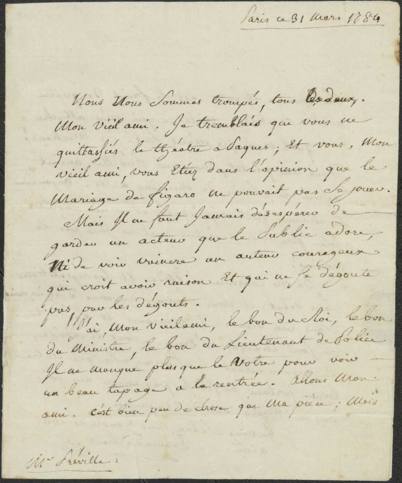 Letter from Beaumarchais to the actor Préville