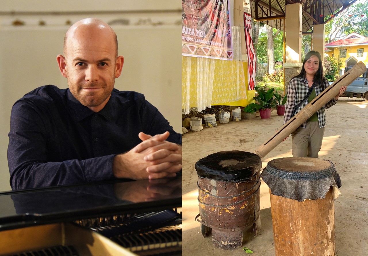 Portraits of two people. On the left is Dr Steve Barry sitting at a piano. On the right is Starr Abelardo holding a bamboo musical instrument.