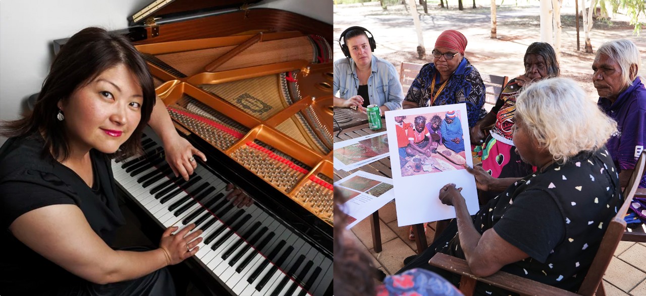 a diptych of two images, one is a woman facing the camera sitting in front of a piano, and the other a group of First Nation elders around a table being interviewed 