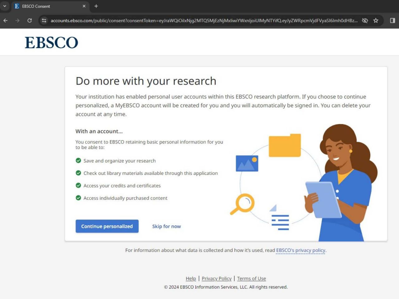 Screenshot of EBSCO website prompting the user to create a personalised account.