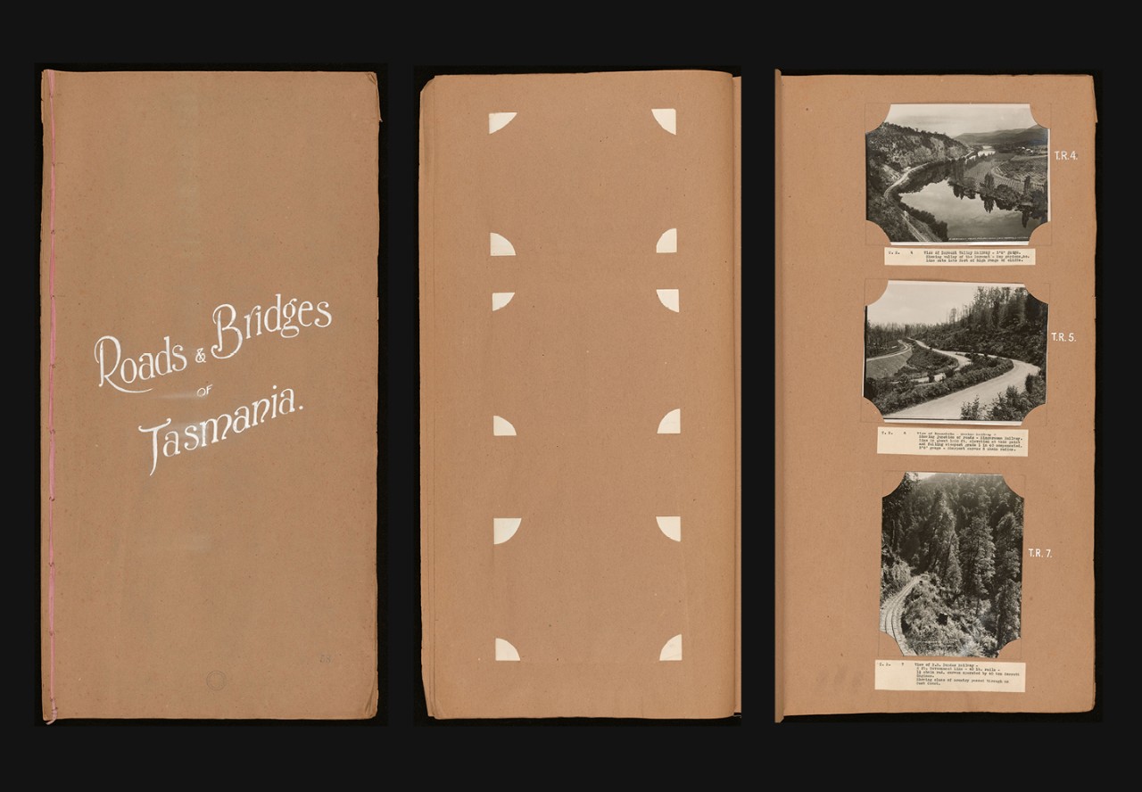 Three pages from a scrapbook - the cover says Roads and Bridges of Tasmania, and the third has three photos and white photos of roads in vast landscapes.