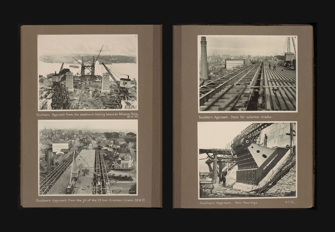 Scrapbook with four black and white photos showing construction of the Sydney Harbour Bridge.