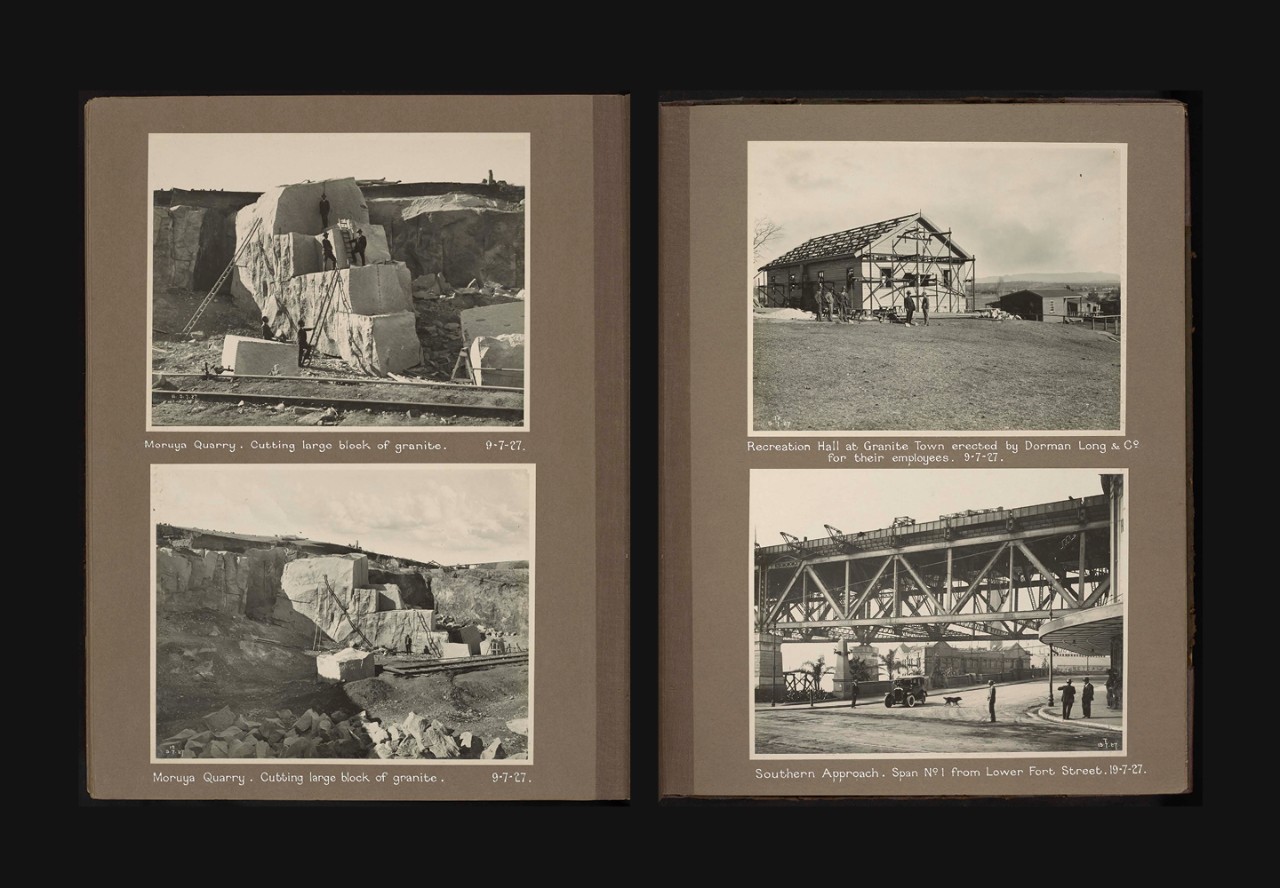 Scrapbook with four black and white photos showing construction of the Sydney Harbour Bridge.