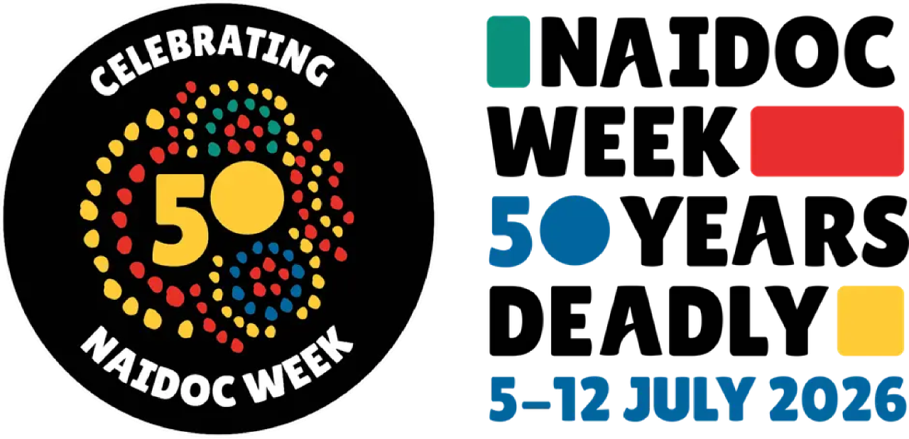 Celebrating NAIDOC week, 50 years deadly, July 5th to 12th 2026, decorative banner with logo in black red yellow green and blue