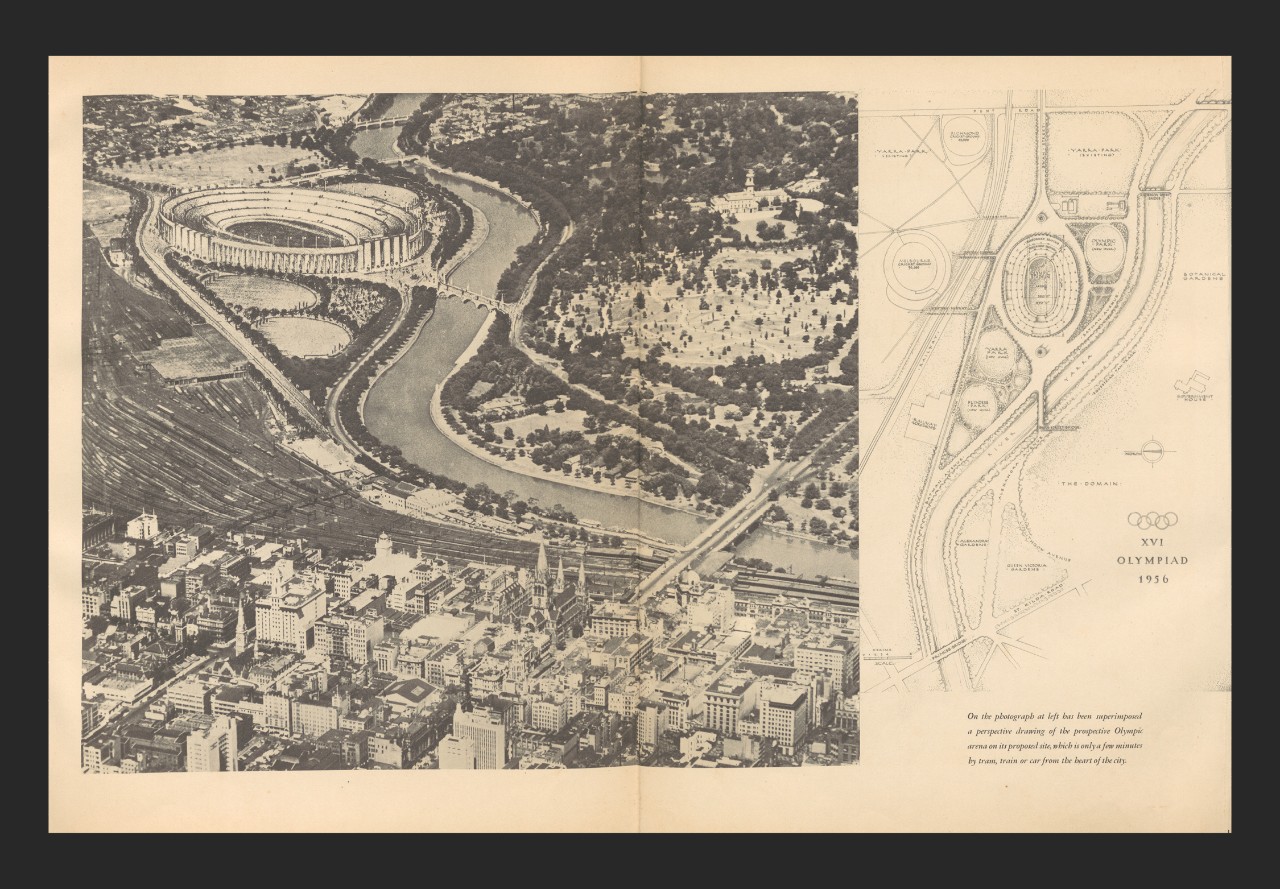Book spread featuring a black and white aerial photo 