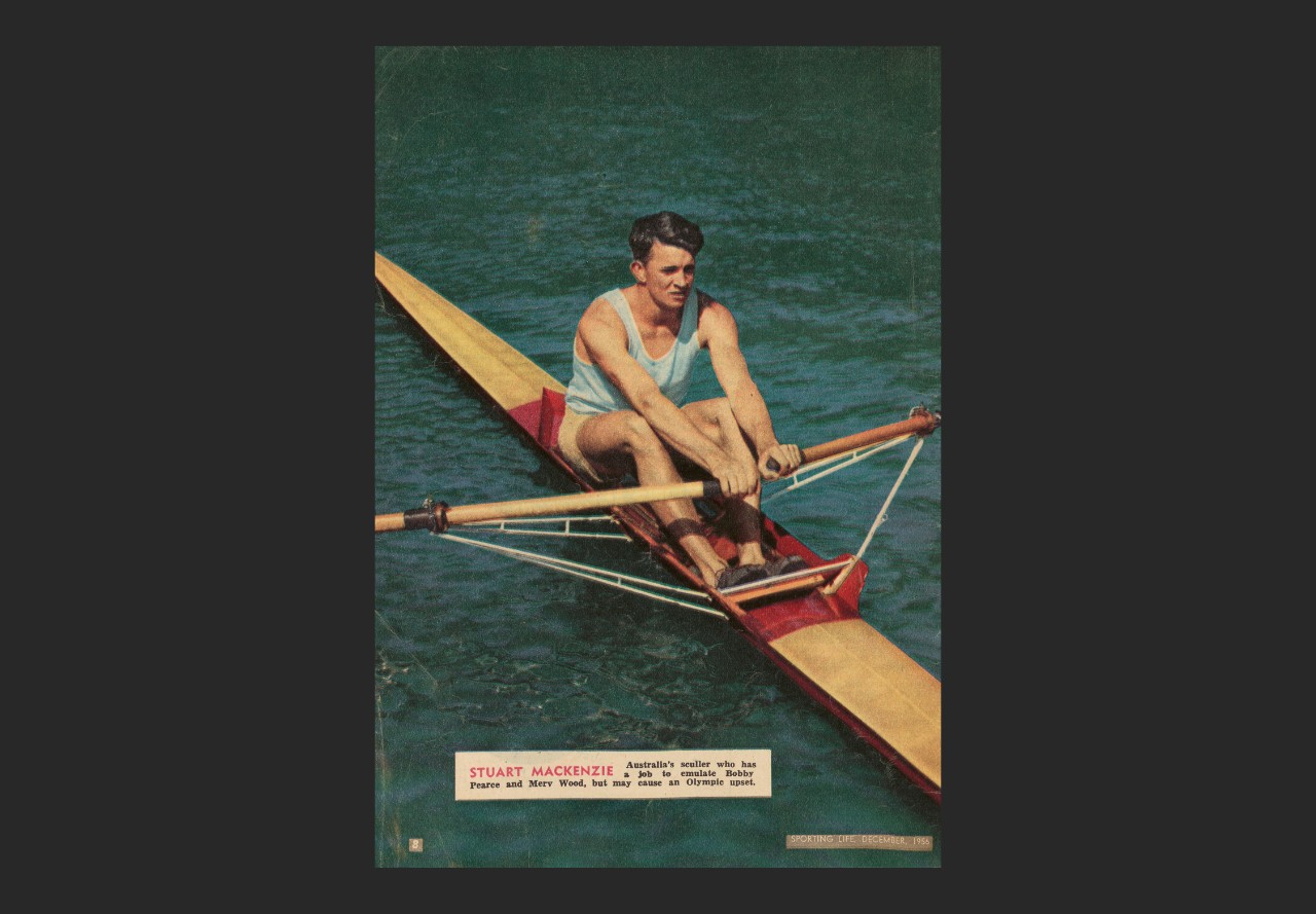 Magazine page with a photograph of a man rowing