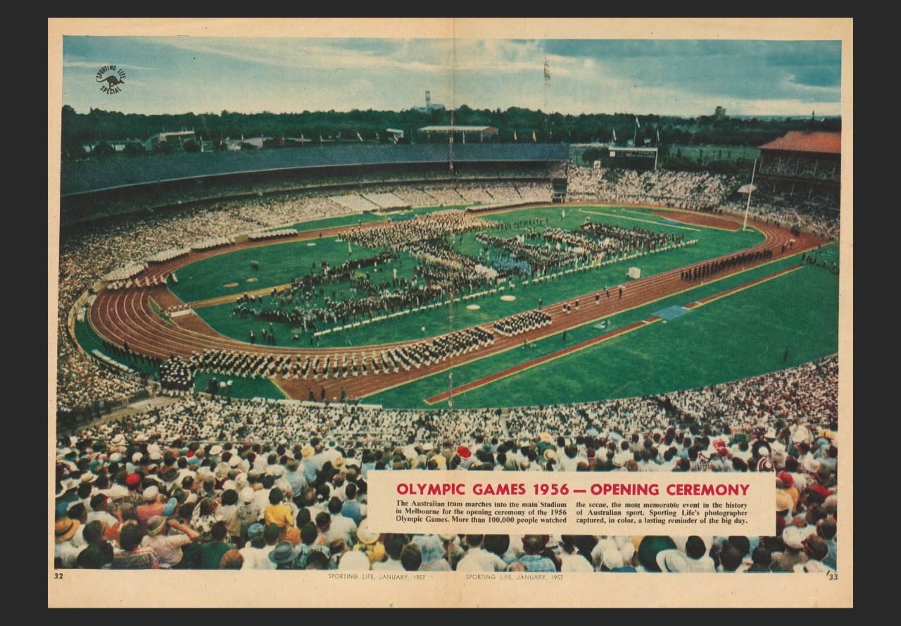 Newspaper spread showing a photo of a busy athletics stadium