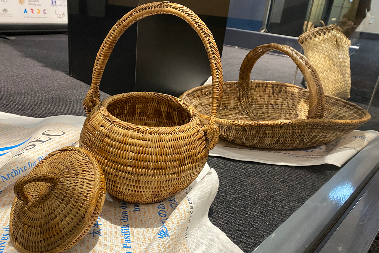 woven baskets on a shelf