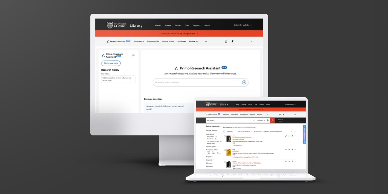 Primo Research Assistant (Beta) shown on a desktop and laptop screen