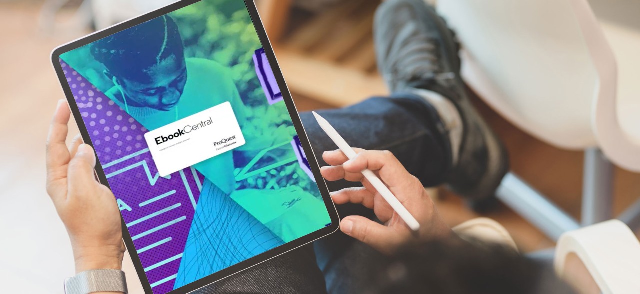 An ipad mockup with the ProQuest Reader in sitiu 