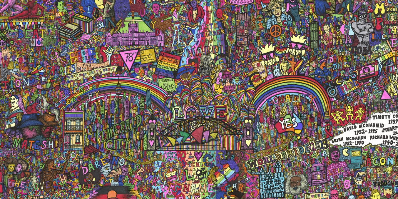 Section of 'Queer Sydney' by Jeremy Smith. A colourful, highly detailed illustration.
