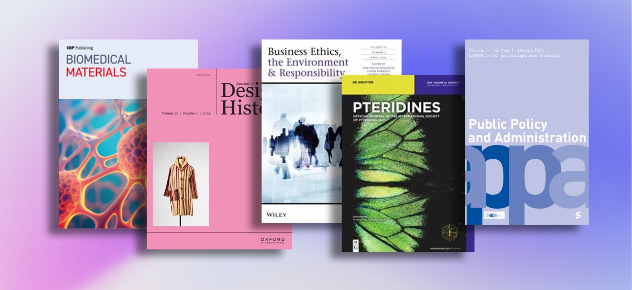 The covers of five journals arranged on a gradient background