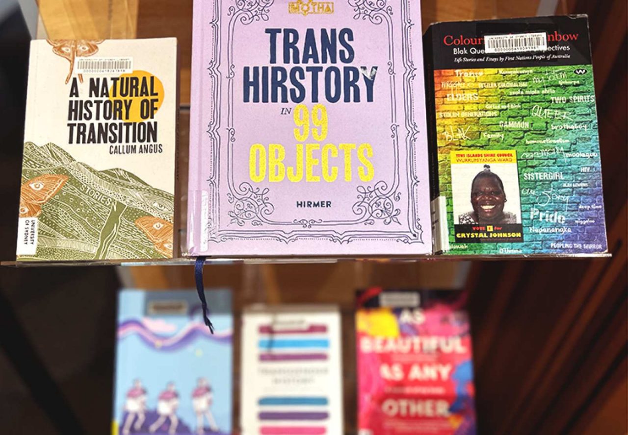 6 books on a shelf, with three books on the top shelf and a blurry background of another three books on the bottom shelf