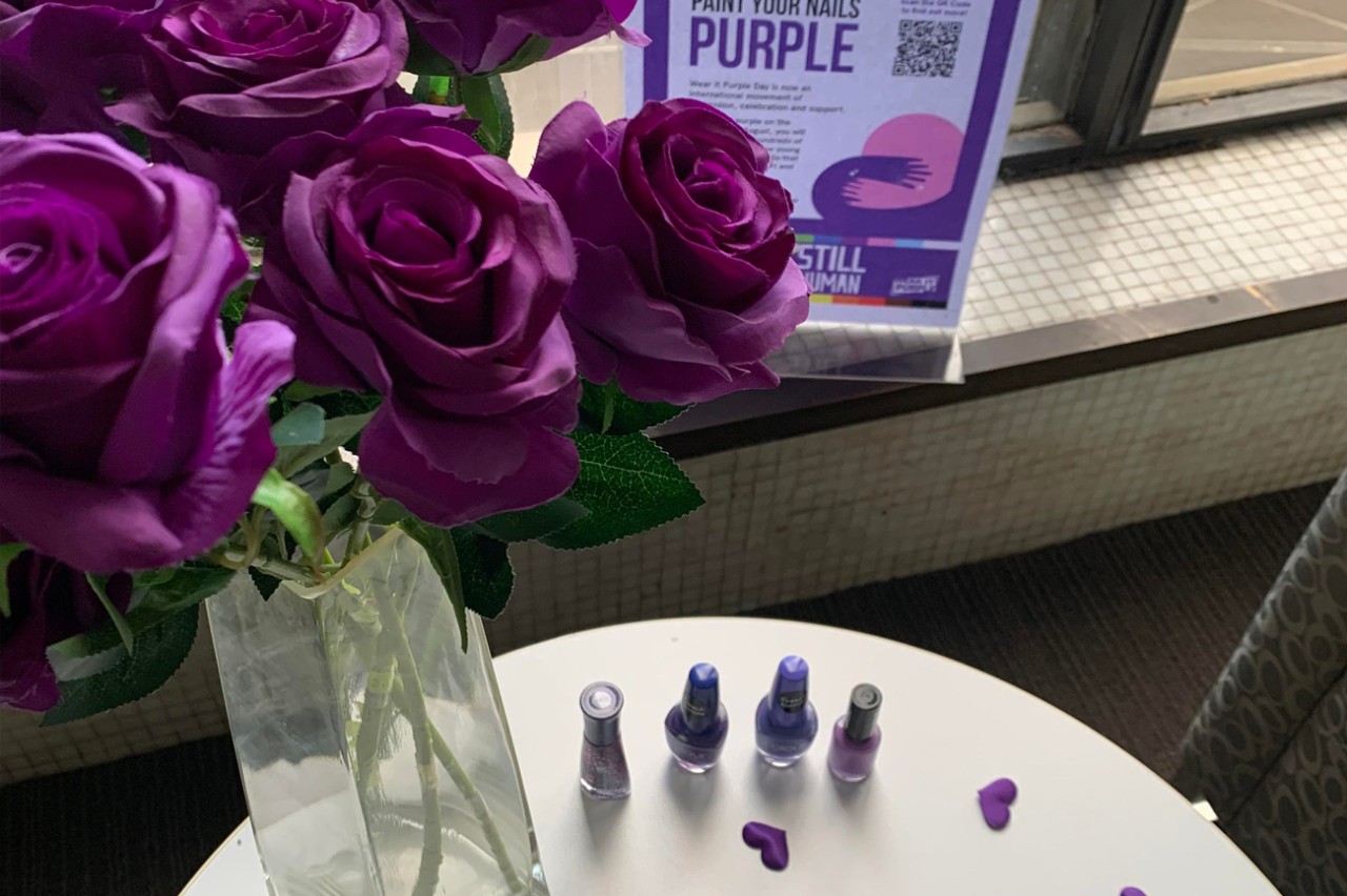 Purple decorations at Library service point