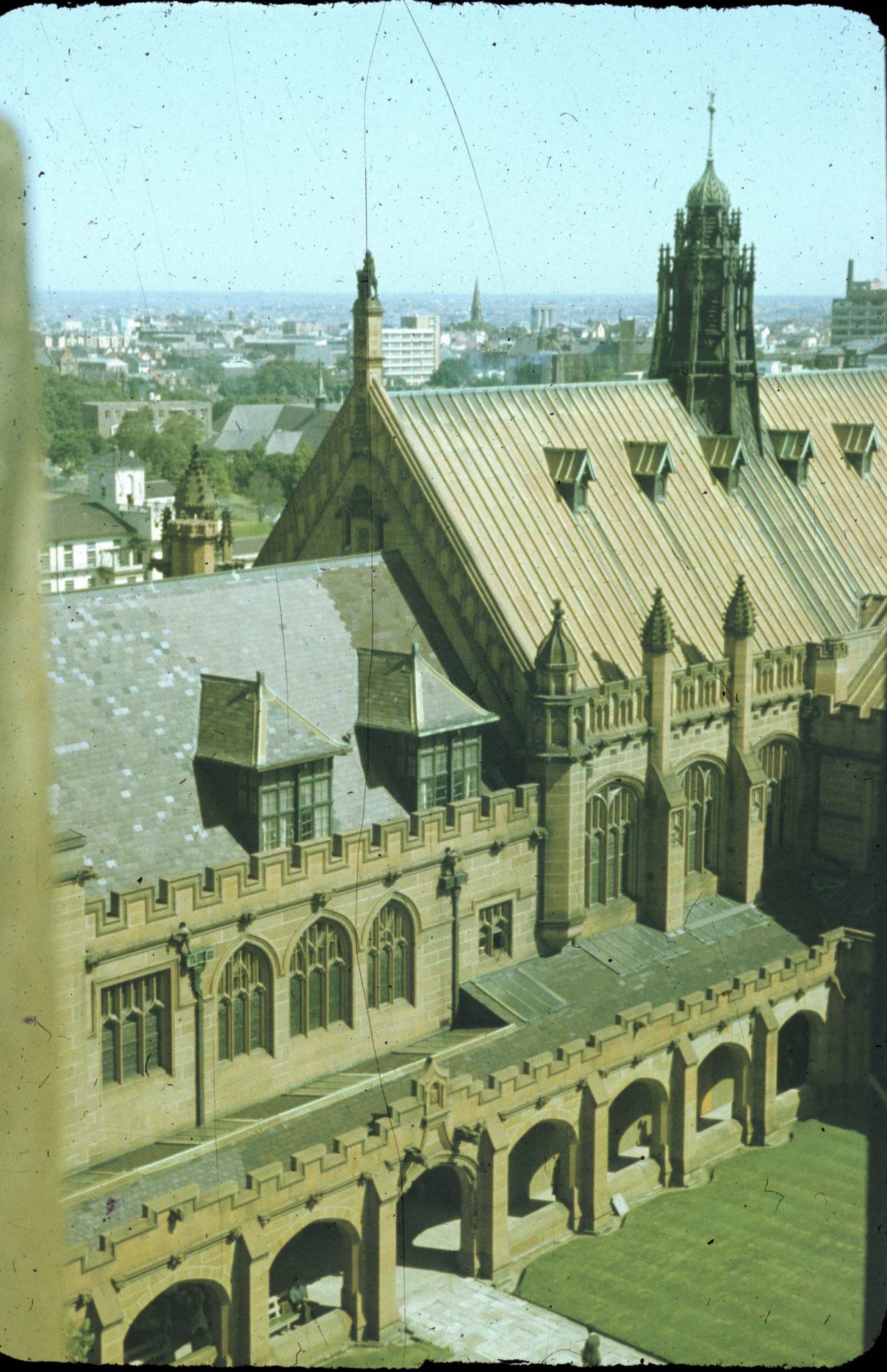 A photo of the original Fisher Library taken from the downward view from the Carillon Tower