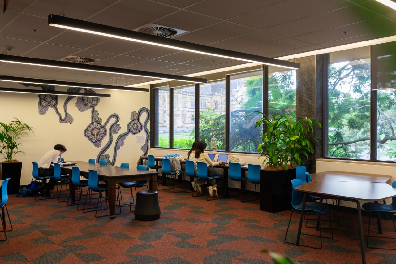 Aboriginal and Torres Strait Islander student space with elements of Jessie Waratah's artwork Walking on Country on the wall