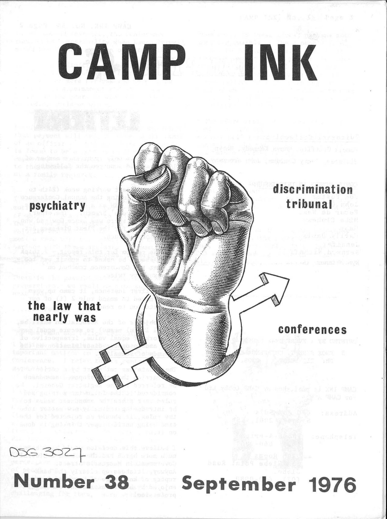Cover of Camp Ink, Number 38, September 1976. Stylised image of a raised fist.
